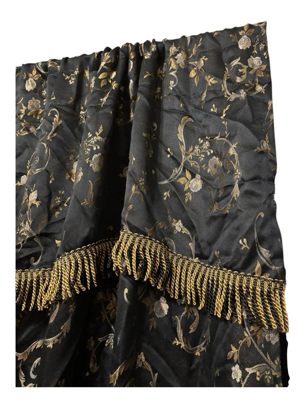 All In One Curtain Set Floral Jacquard 2 Curtains Attached Valance Black Gold
